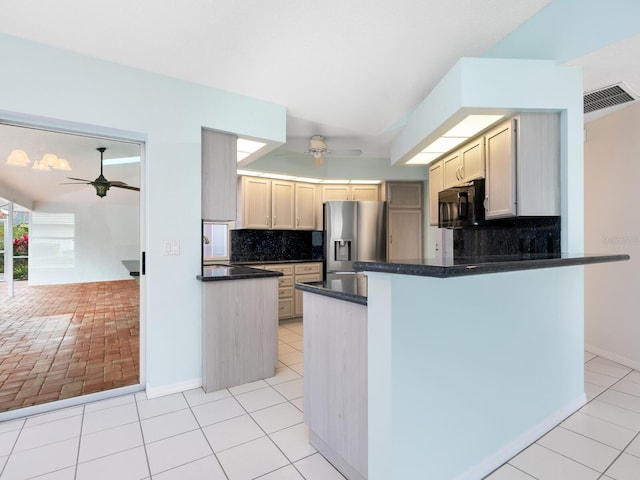 kitchen featuring stainless steel refrigerator with ice dispenser, light tile patterned floors, visible vents, decorative backsplash, and ceiling fan