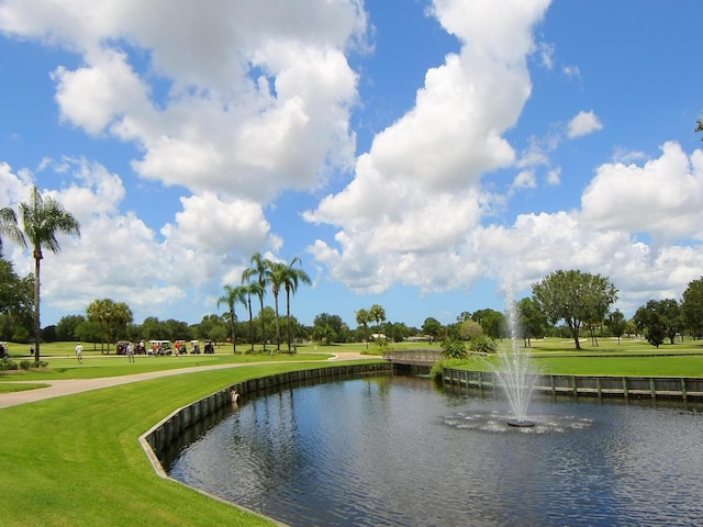 view of community featuring a water view and a lawn