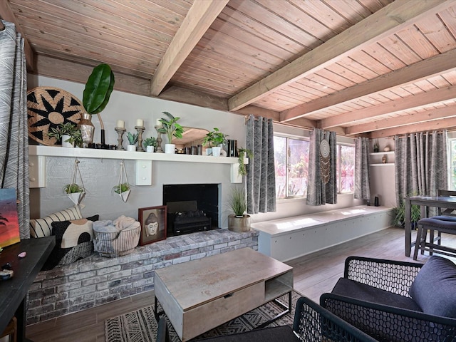 living area featuring wooden ceiling, wood finished floors, and beam ceiling