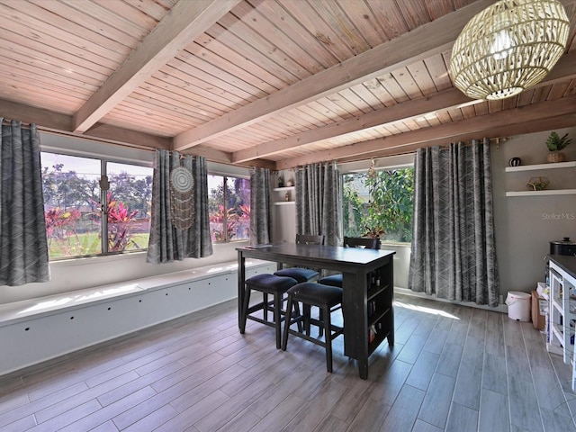 dining space featuring wooden ceiling, a notable chandelier, beamed ceiling, and wood finished floors