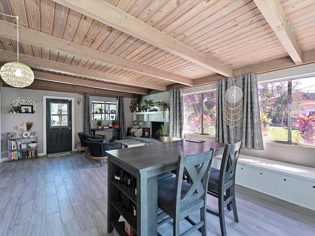 sunroom with wooden ceiling, beam ceiling, and a wealth of natural light