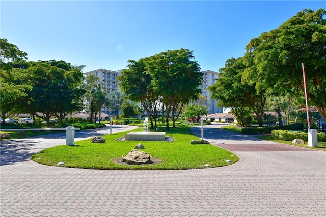 view of home's community featuring a yard and curved driveway