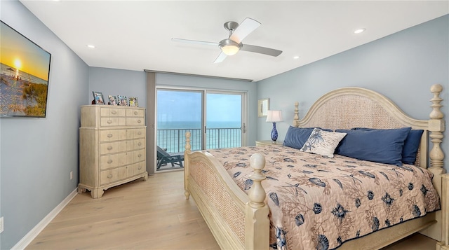 bedroom featuring recessed lighting, light wood-style flooring, a ceiling fan, access to outside, and baseboards