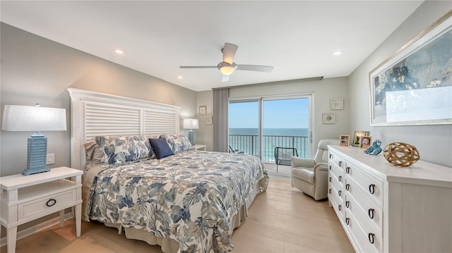 bedroom with ceiling fan, recessed lighting, light wood-type flooring, and access to exterior