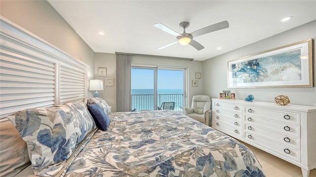 bedroom featuring ceiling fan, access to outside, a water view, and recessed lighting