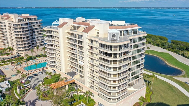 view of building exterior featuring a water view