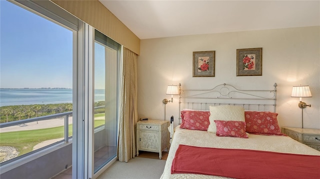 bedroom with a water view and carpet