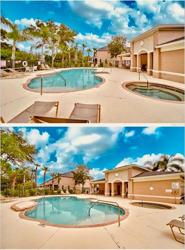 community pool featuring a patio, a community hot tub, and fence