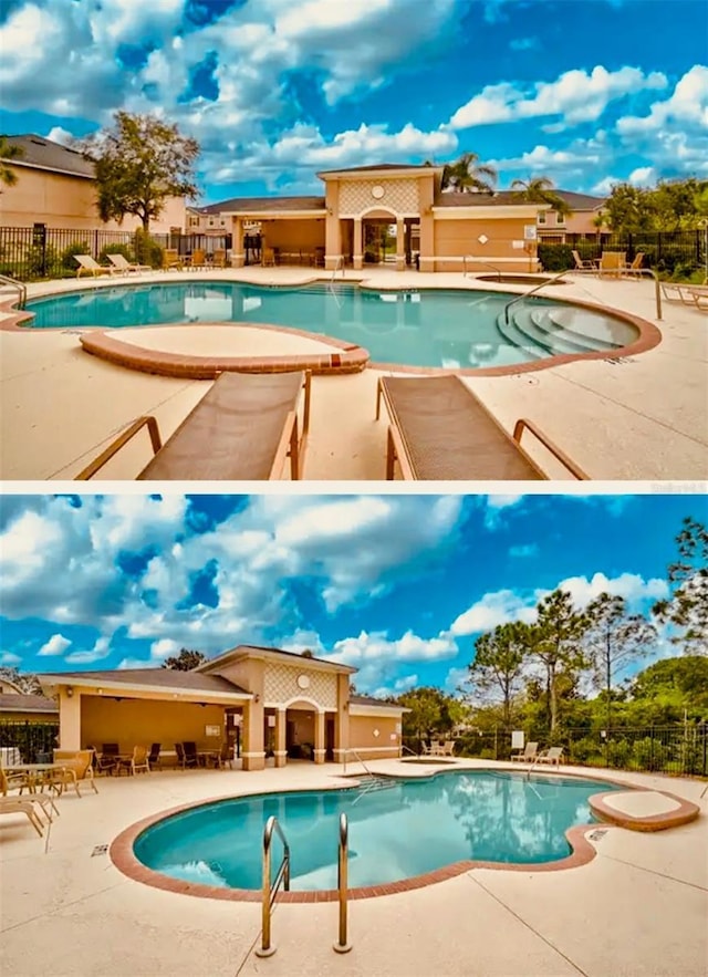 pool featuring a patio and fence