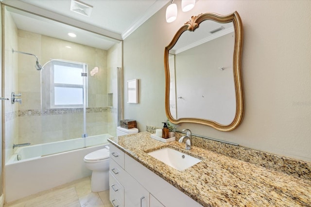 bathroom with toilet, visible vents, ornamental molding, and vanity