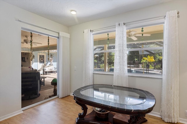 dining area featuring ceiling fan, baseboards, and wood finished floors