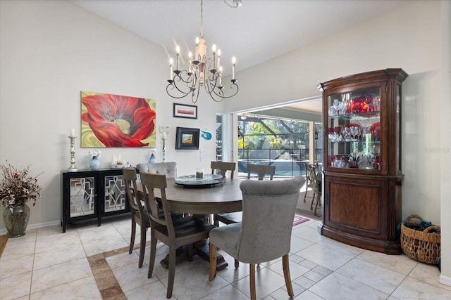 dining room with high vaulted ceiling, baseboards, and light tile patterned floors