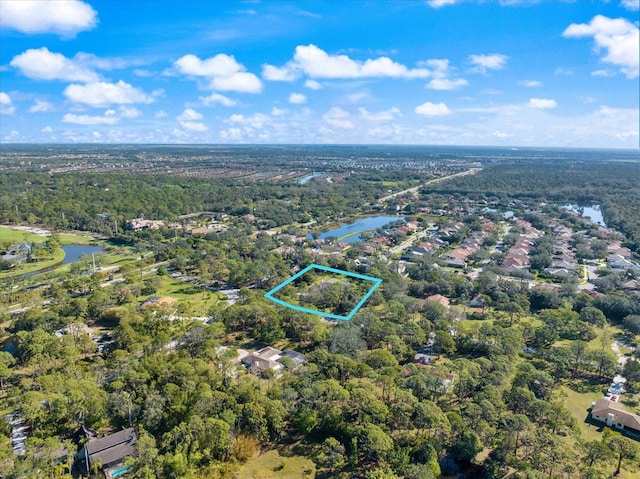 birds eye view of property with a water view and a forest view