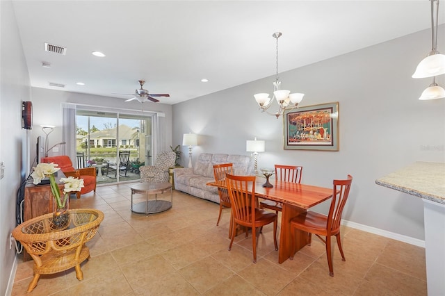 dining room featuring light tile patterned floors, recessed lighting, visible vents, a ceiling fan, and baseboards