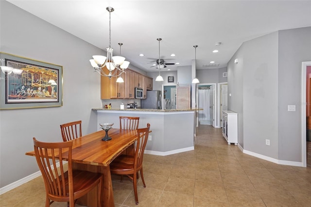 dining room with a ceiling fan, recessed lighting, baseboards, and light tile patterned floors