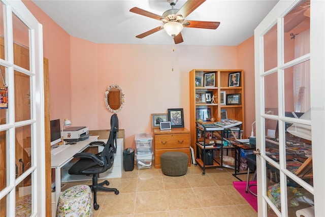 tiled home office featuring french doors and a ceiling fan