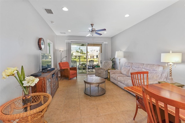 living area with recessed lighting, visible vents, ceiling fan, and light tile patterned floors