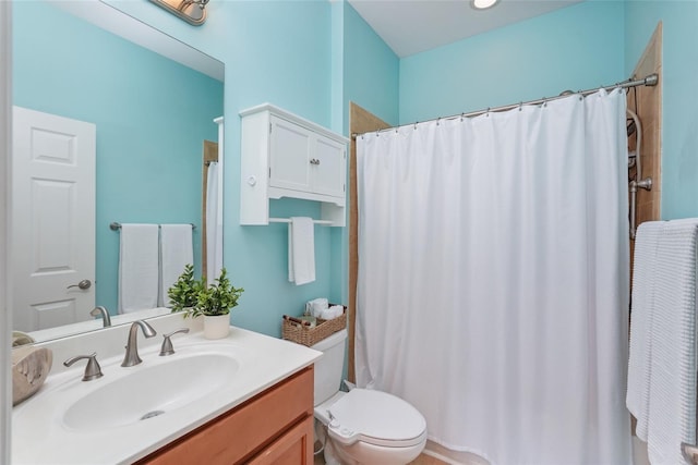 full bathroom featuring toilet, curtained shower, and vanity