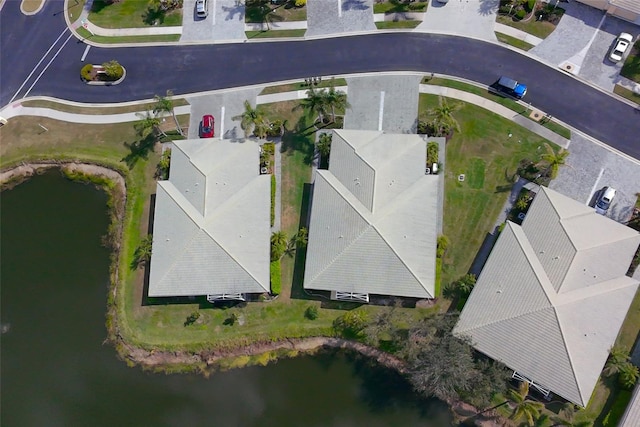 drone / aerial view featuring a water view