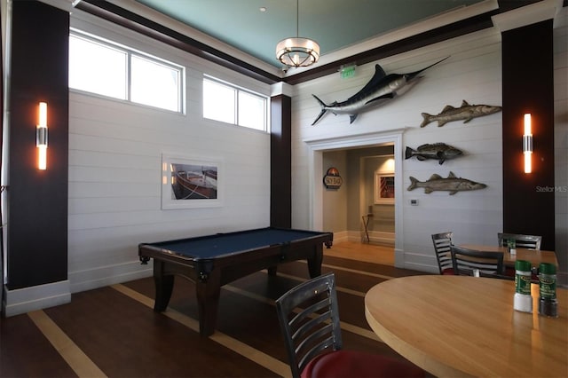 recreation room with wood finished floors, billiards, and baseboards