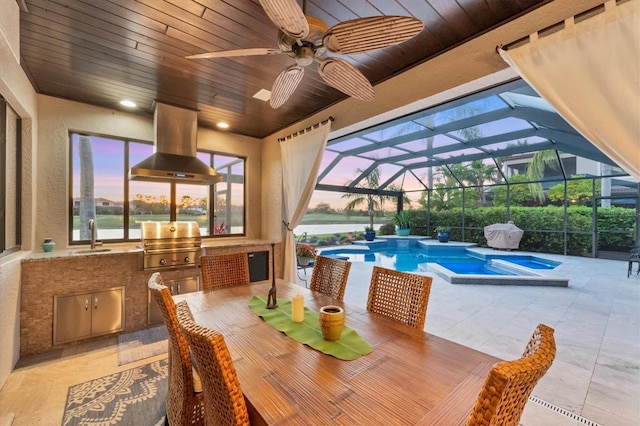 dining area featuring recessed lighting, wooden ceiling, and a sunroom