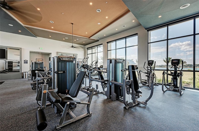 995 Waterline Ct, Sarasota, FL 34240 - workout area featuring a wall of windows and recessed lighting