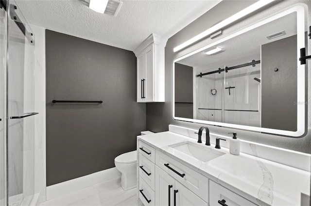 full bathroom with a stall shower, visible vents, toilet, a textured ceiling, and vanity