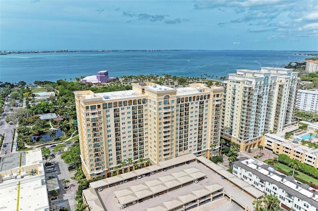 aerial view with a water view and a city view