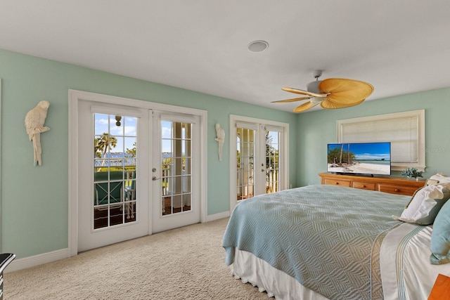 bedroom featuring access to exterior, french doors, baseboards, and carpet floors