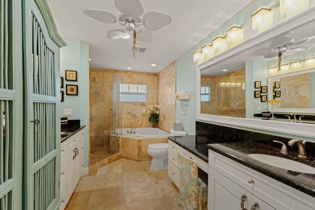 full bath featuring visible vents, a stall shower, a bath, vanity, and a ceiling fan