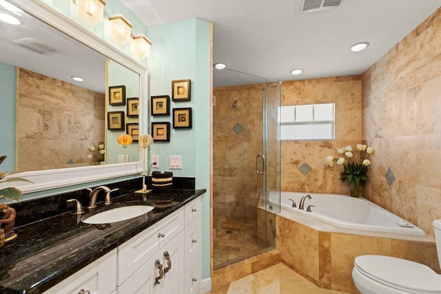 full bath with vanity, visible vents, a stall shower, tile patterned flooring, and a garden tub