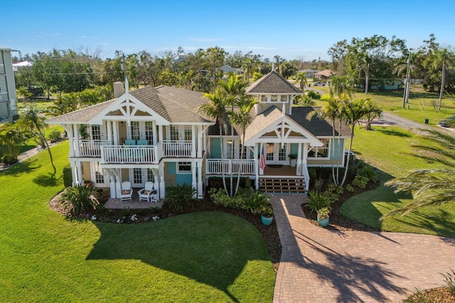 exterior space featuring french doors, decorative driveway, a yard, a balcony, and a patio