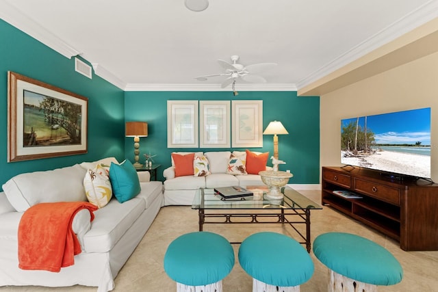 living room featuring baseboards, a ceiling fan, visible vents, and ornamental molding