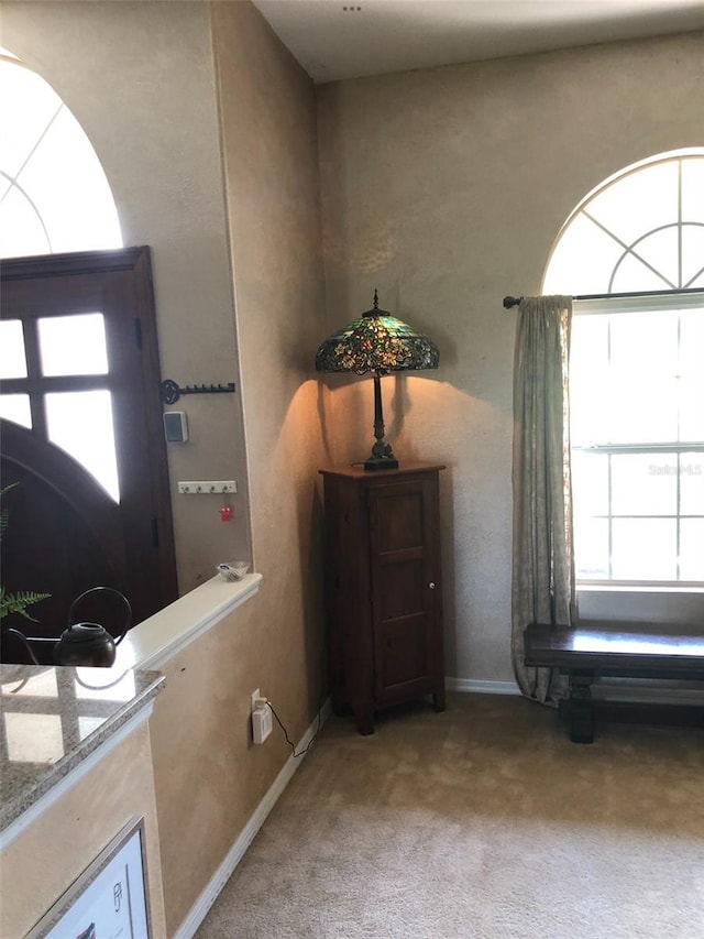 entrance foyer featuring baseboards and light carpet