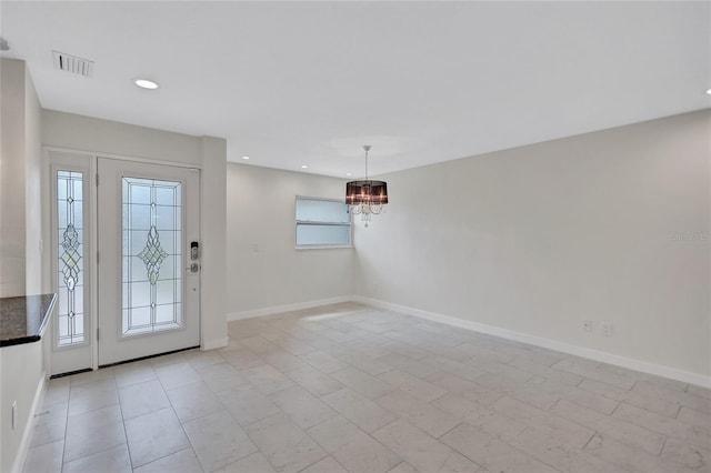 entryway featuring a notable chandelier, recessed lighting, baseboards, and visible vents