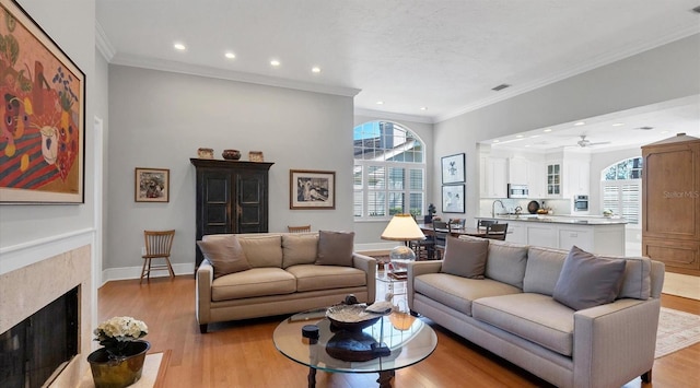 living area featuring baseboards, light wood-type flooring, a fireplace, and crown molding