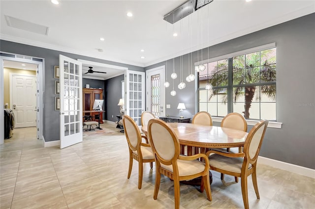 dining room featuring recessed lighting, baseboards, ornamental molding, french doors, and washer / clothes dryer