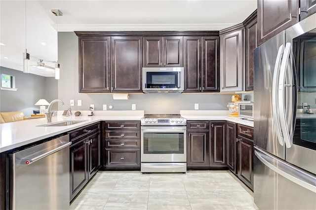 kitchen featuring dark brown cabinetry, stainless steel appliances, a sink, and light countertops