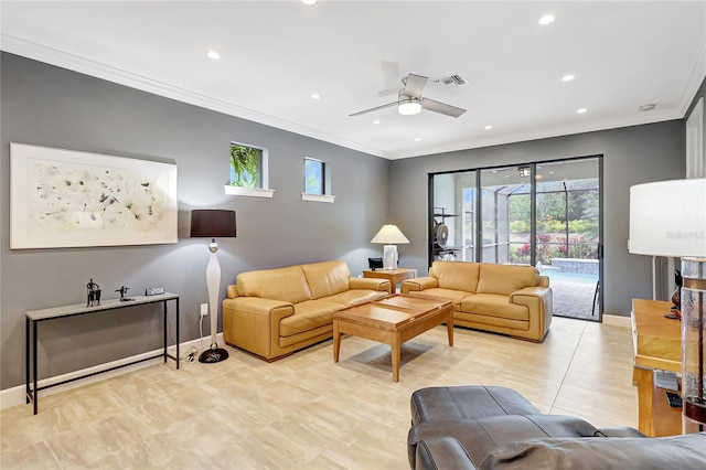 living room with baseboards, visible vents, crown molding, and recessed lighting