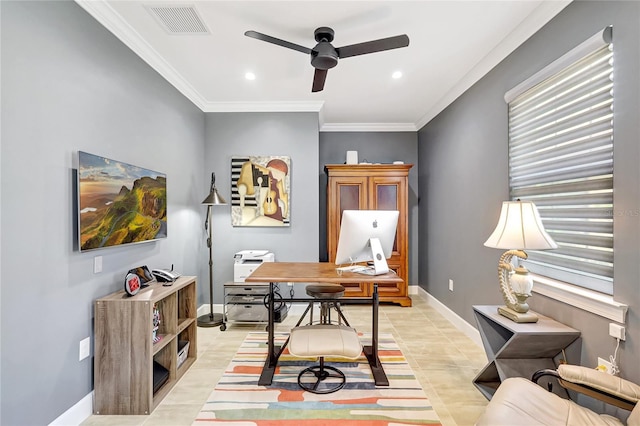 office space featuring light tile patterned floors, a ceiling fan, baseboards, visible vents, and crown molding