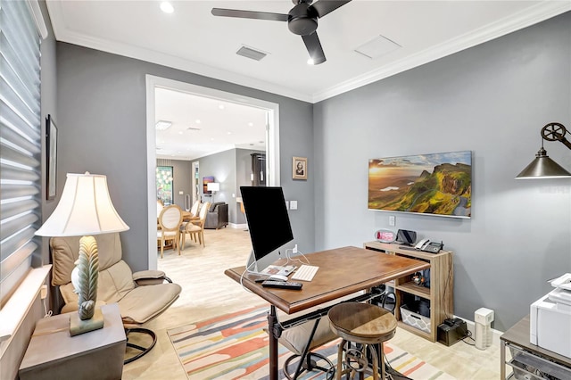 home office with recessed lighting, visible vents, a ceiling fan, and ornamental molding