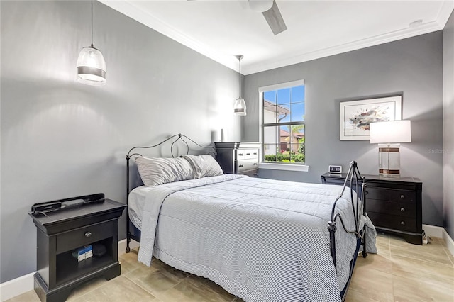 bedroom featuring ornamental molding, baseboards, and a ceiling fan