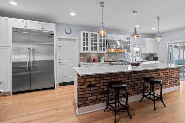 kitchen featuring appliances with stainless steel finishes, light wood-type flooring, glass insert cabinets, and under cabinet range hood