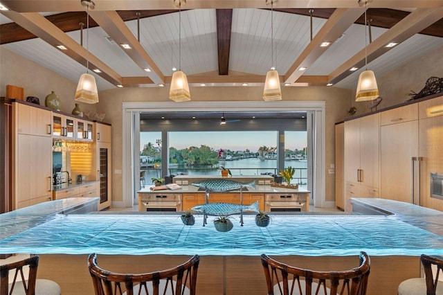 bar with vaulted ceiling with beams, wall oven, oven, and pendant lighting