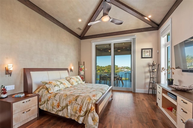 bedroom with vaulted ceiling with beams, dark wood-type flooring, visible vents, baseboards, and access to outside