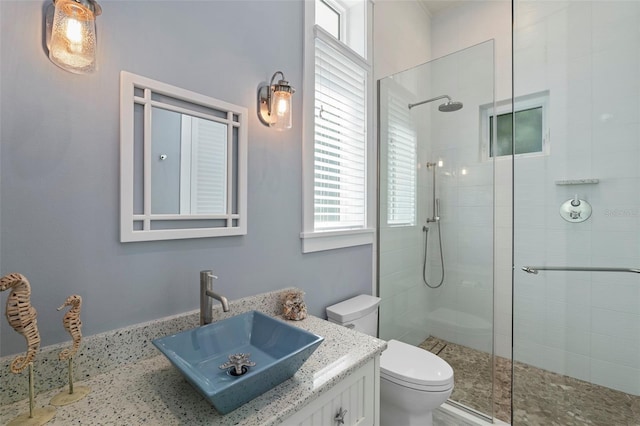 bathroom with vanity, a tile shower, and toilet