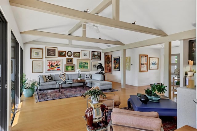 1610 S Lake Shore Dr, Sarasota, FL 34231 - living area with light wood-type flooring, beam ceiling, high vaulted ceiling, baseboards, and ceiling fan
