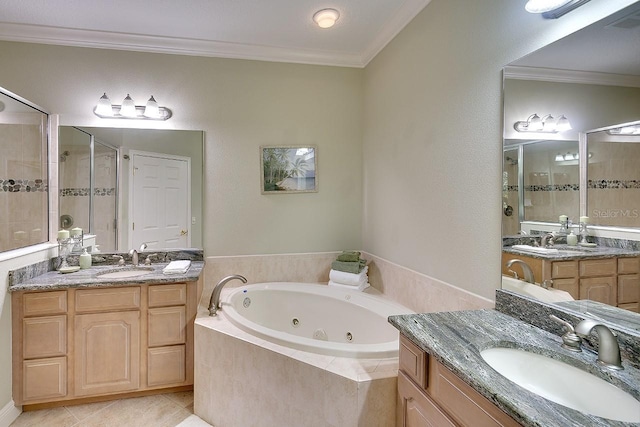 bathroom with crown molding, a sink, and a shower stall