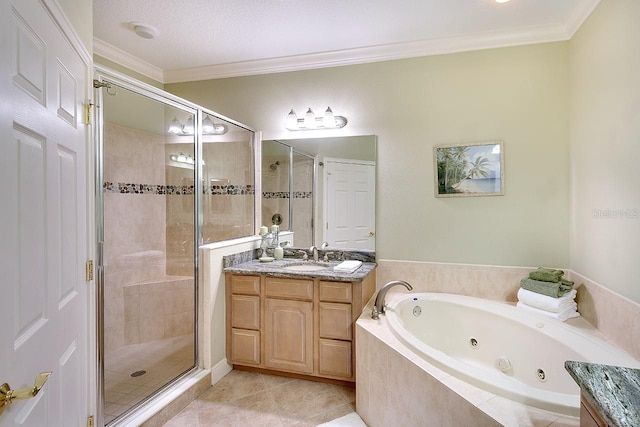 bathroom with a whirlpool tub, a stall shower, ornamental molding, and tile patterned floors