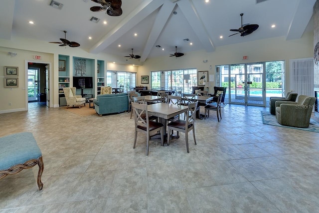 dining room with high vaulted ceiling, visible vents, beamed ceiling, and french doors